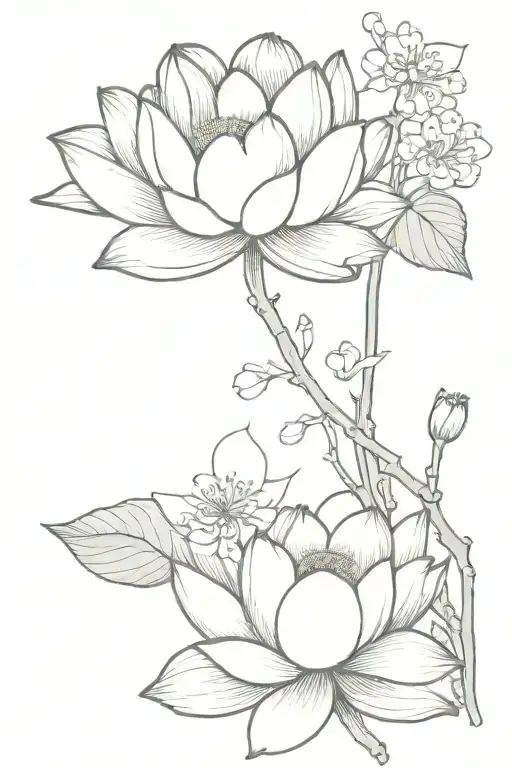 Two Lotus Blossoms With Sprigs Of Cherry Blossoms Behind Them