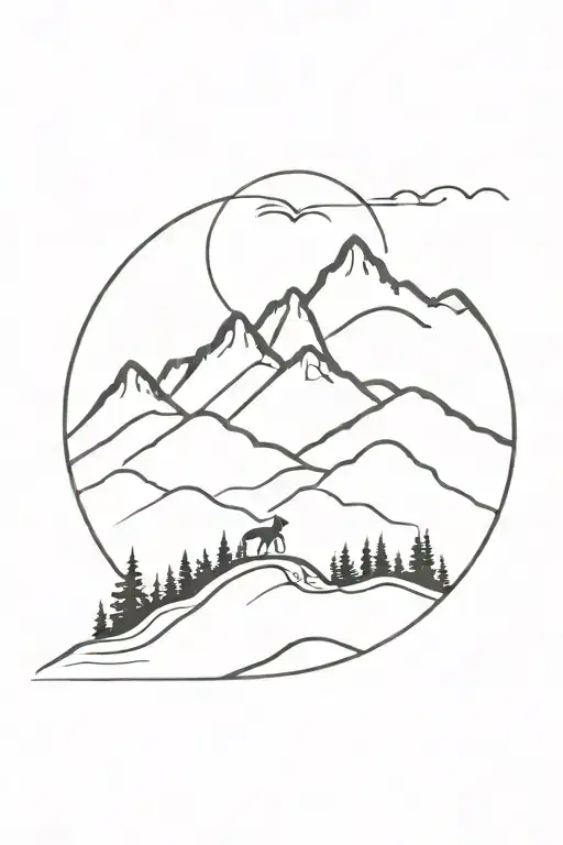 A Minimalist Design Of A Mountain Range With A Winding Trail For Hiking And A Dog Leading The Way