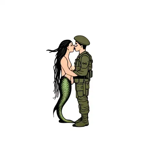 Mermaid With Long Dreads Kissing An Army Soldier Wearing A Beret Hat Standing