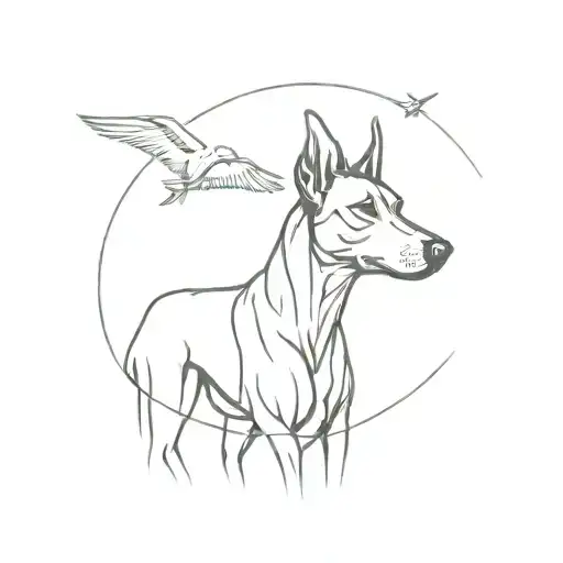 Dobermann Looking At A Bird In The Sky