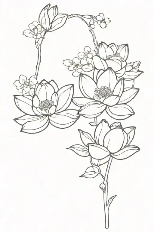 Two Lotus Blossoms With Sprigs Of Cherry Blossoms