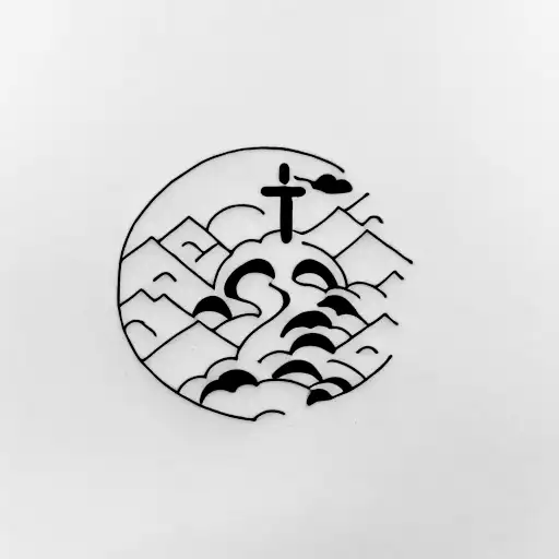 A Minimalist Tattoo Of A Death Kanji Symbol With A Silhouette Of Hills In The Background