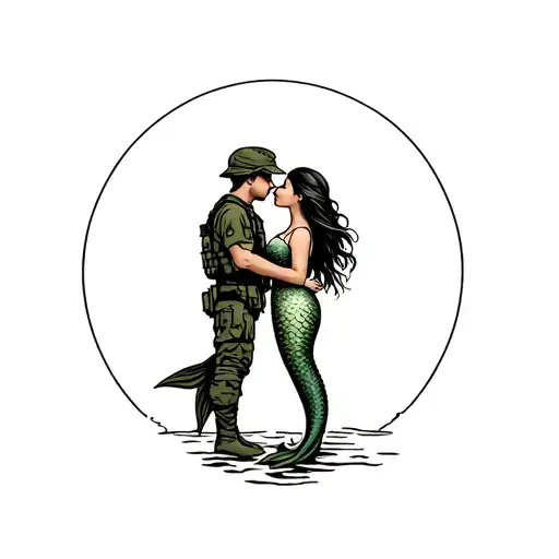 Mermaid Kissing An Army Soldier Standing