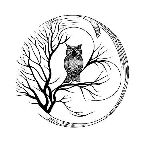 A Minimalist Tattoo Of An Owl Perched On A Tree Branch With The Moon In The Background