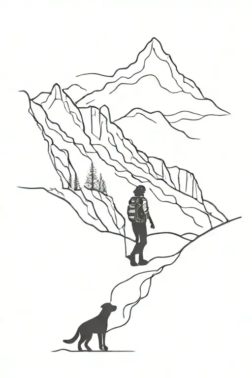 A Minimalist Design Of A Silhouette Of A Woman Hiking Up A Mountain With A Dog By Their Side