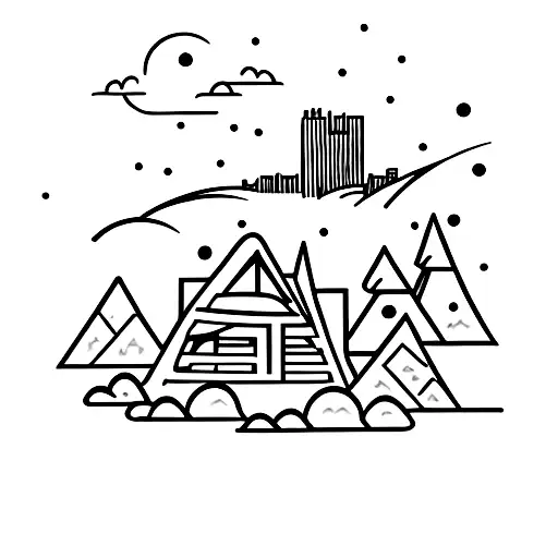 A Minimalist Tattoo Of A Campfire With A Skyline Silhouette Of A City In The Background