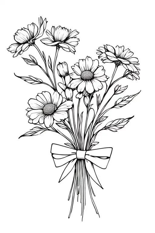 Bouquet Of Birth Flowers With Bow On The Stalks