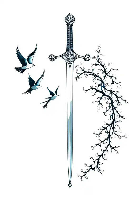 Lines With Birds Flying Away Sword Surrounded With Vines