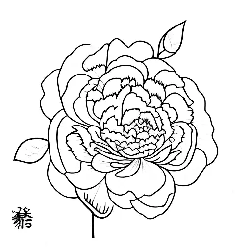 Linework Blue Peony With Green Leaf