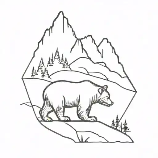 Outline Of A Bear With A Mountain Scene Inside The Outline With A River And A Road