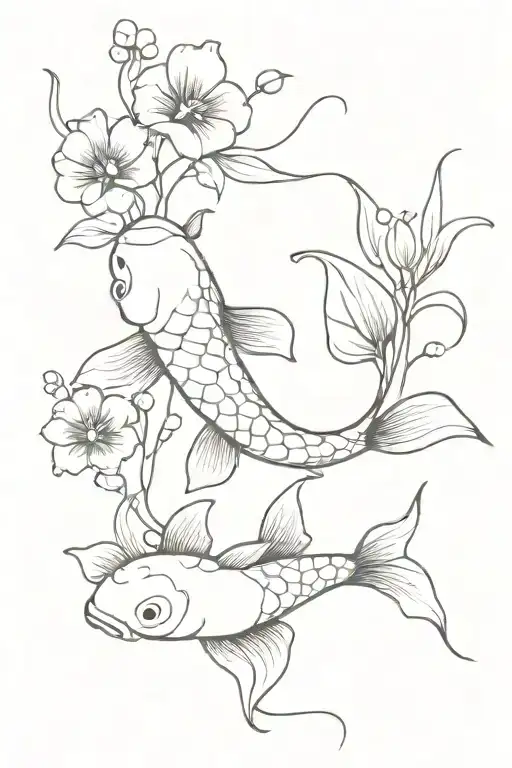Koi Fish With Violets Honeysuckle Flowers