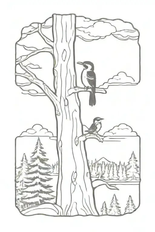 Woodpecker On A Pine Tree With Bear And River With An Otter