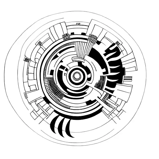 A Minimalist Tattoo Of An Artistic Representation Of A Car Engine With Japanese Calligraphy