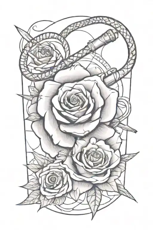 Rose With A Compass And Broken Baseball Bats And Snakes Wrapping Around