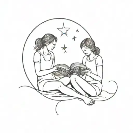 A Minimalist Design Of A Mother And Daughter Reading Books Together Under The Moon And Sun