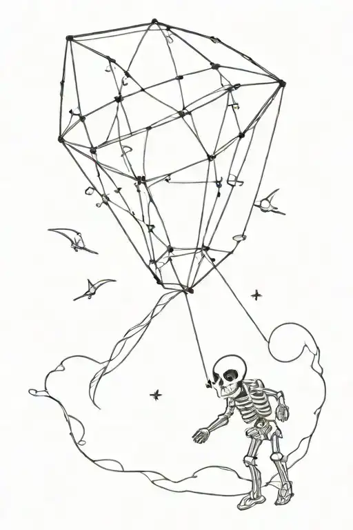 Minimal Tattoo From Ufo With Skeleton Flying A Kite