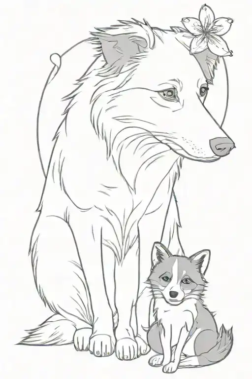 A Border Collie And Raccoon Sharing A Lily Flower In A Minimalist Style