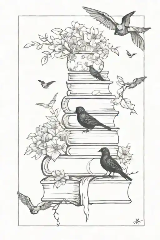 Spooky Books Surrounded By Flowers With Birds Sitting