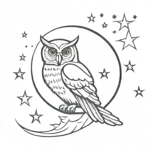 An Owl Sitting Inside Crescent Moon Surrounded By Stars