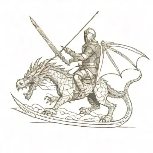 A Knight Battling A Dragon On Skis In The Style Of Engraving