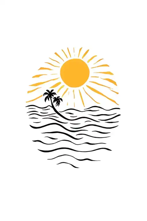 Sun With Waves And Palm Tree Silhouette