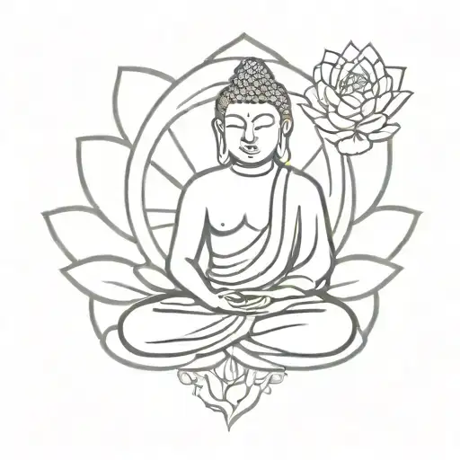 Buddha Mediating On Lotus Line Art Style Tattoo Design