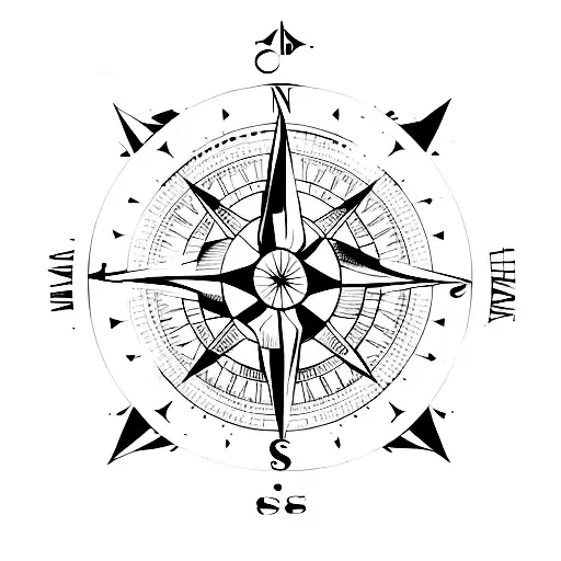 Compass With Rocket Top Right And Mountain Below Left