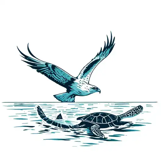 Hawk Flying Above The Ocean Protecting The Seaturtle Swimming Underneath The Water