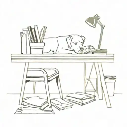 A Teacher's Desk With A Stack Of Books And A Dog Sleeping Underneath