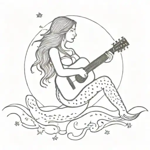 An Intricate Design Of A Mermaid Playing A Guitar Under A Starry Night Sky
