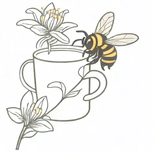 Cartoon Bumble Bee Sipping Coffee By Lilac Flower