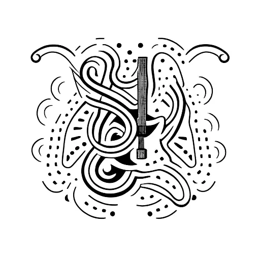 A Minimalist Tattoo Of A Guitar Surrounded By Musical Notes