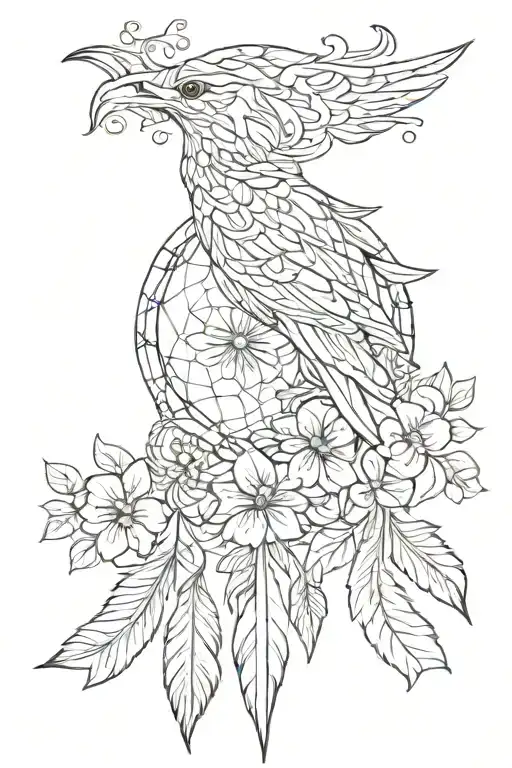 Phoenix Entangled In Dream Catcher Intertwined With Hibiscus