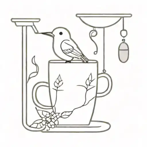 A Small Bird Sipping From A Coffee Cup With Wind Chimes In The Background