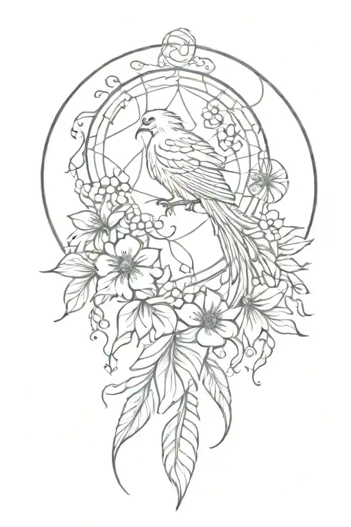 Phoenix Entangled In Dream Catcher Intertwined With Hibiscus