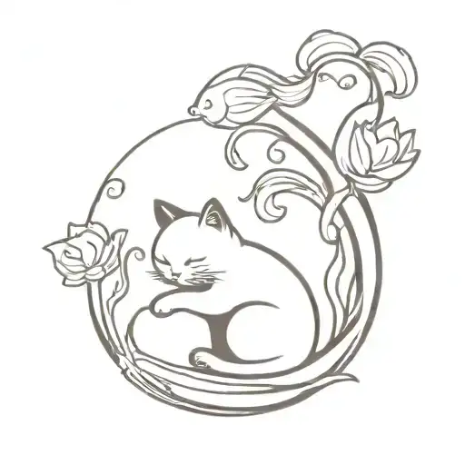 An Anime-inspired Tattoo Of A Cat Playing With Koi Fish In A Serene Japanese Garden