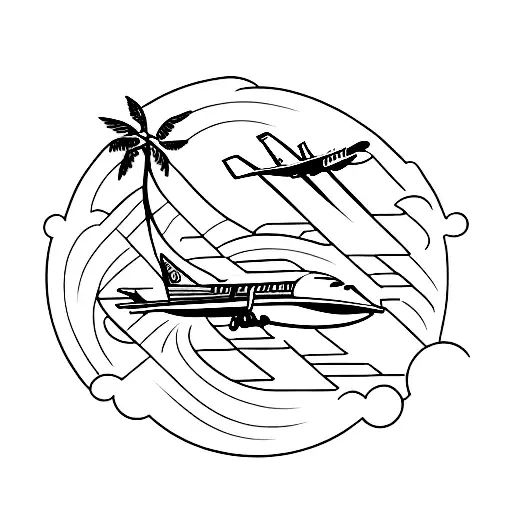 An Airplane Flying Over A Tropical Beach Sunset