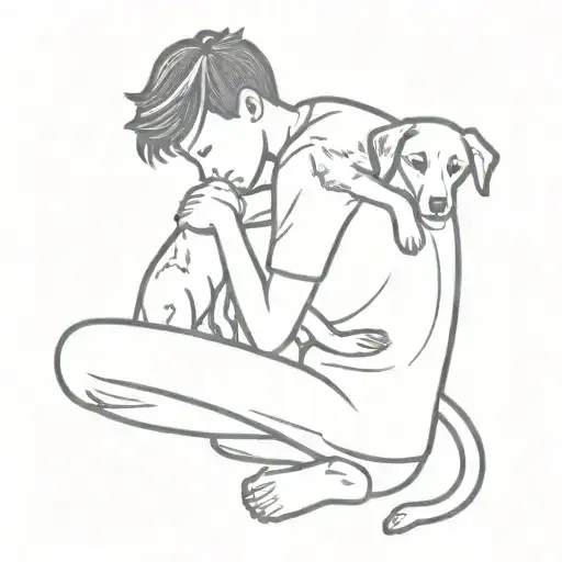 Boy Hugging A Dog Sitting Side By Side Happy Face