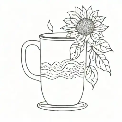 A Minimalist Tattoo Design Of A Coffee Cup With A Sunflower Pattern On The Surface