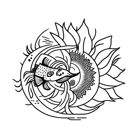 Sunflower And Moon And Koi Fish Yin And Yang In A Line