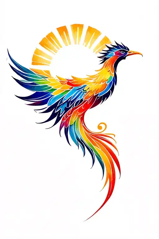 A Colorful Phoenix Flying Down Whose Body Is The Bottom Part Of A Semikolon And The Top Is The Sun