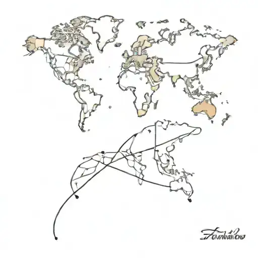 A Minimalist Tattoo Of A World Map With A Heart Marking The Client's Favorite Travel Destinations