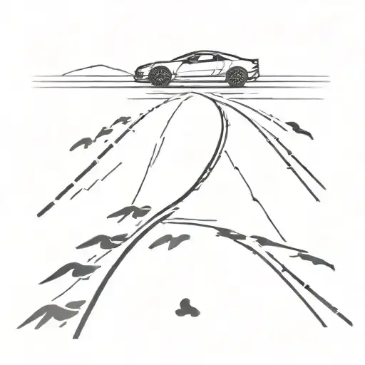 A Minimalist Tattoo Of A Sleek Sports Car Driving On A Road Made Of Animal Footprints