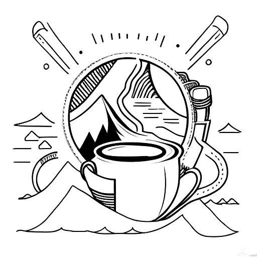 A Minimalist Tattoo Of A Coffee Cup Surrounded By Hiking Gear
