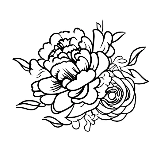 Lineart Bouquet Of A Peony And A Globe Flower With Straws And Leaves