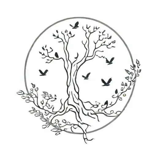 Half A Tree With 5 Birds Coming Out Of It And The Other Half Is A Half Circle With 5 Names