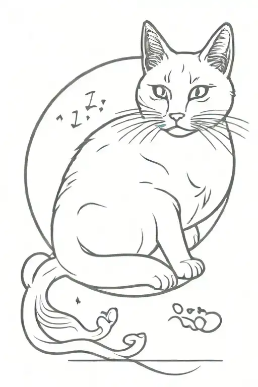 Half Moon With Cat Silhoutte And Cat Footprints Leading