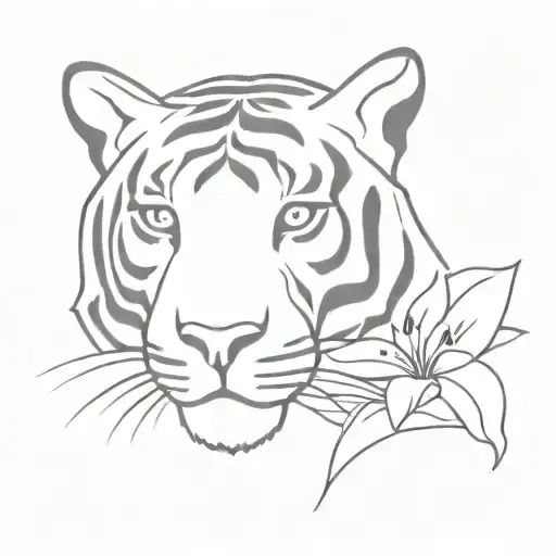 A Minimalist Outline Of A Tiger's Face With A Lily In Its Mouth