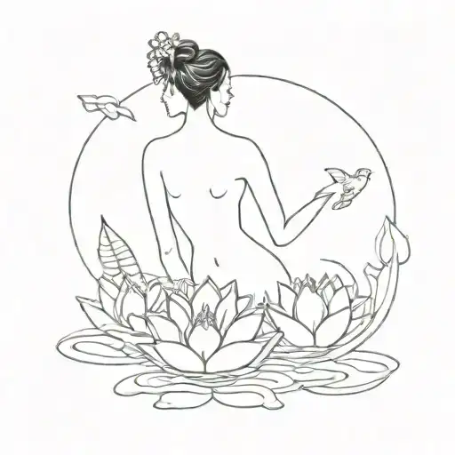 A Tattoo Of A Serene Underwater Scene With A Swimmer Surrounded By Lotus Flowers