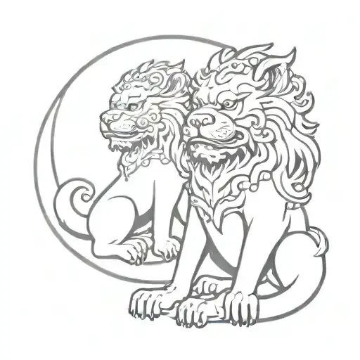 Foo Dog Pair Sitting Together Under Moon